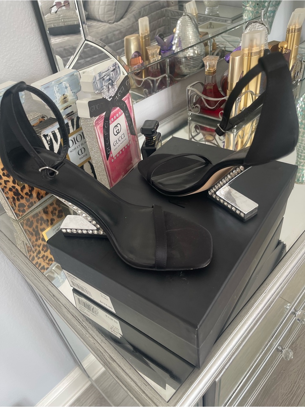 Black Jeweled Block-Heel Ankle-Strap Sandals